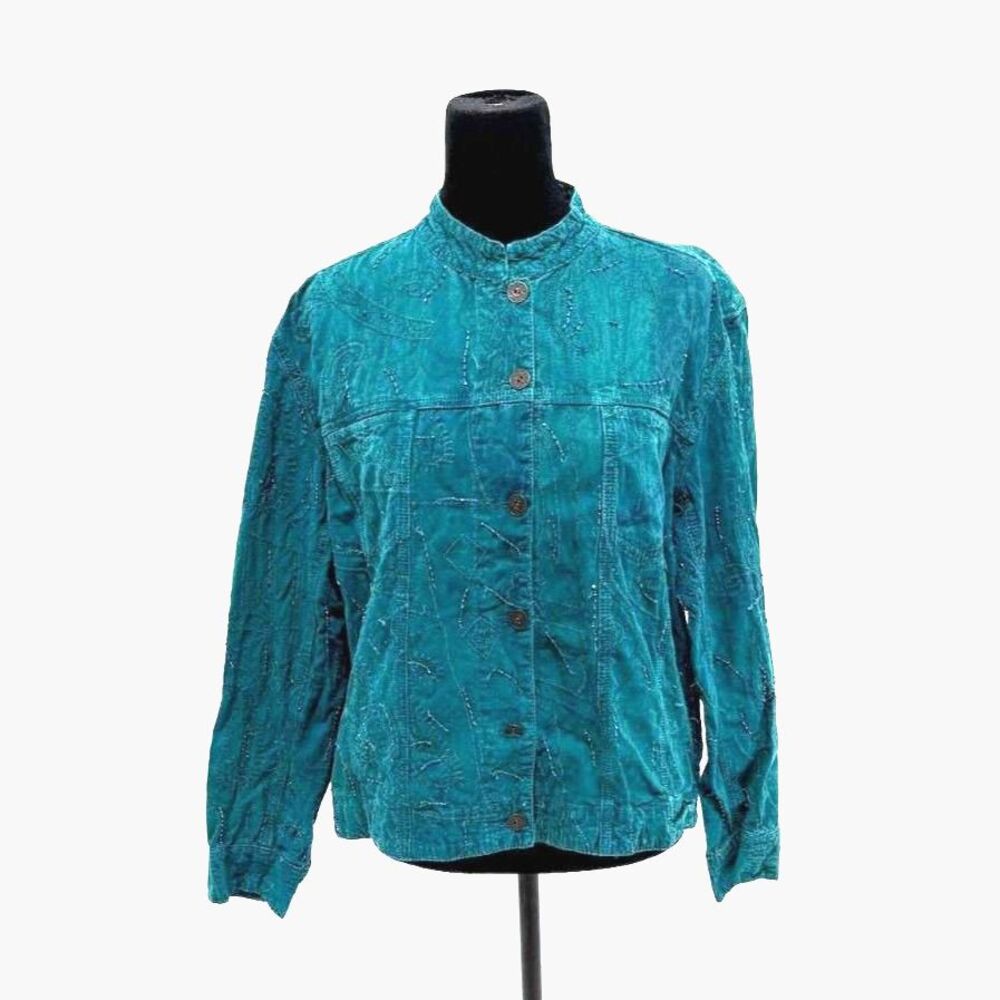 teal canvas embroidered and beaded mandarin mock collar jacket - Picture 2 of 7